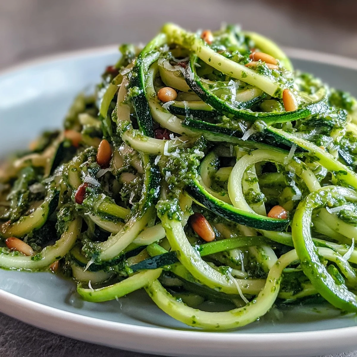 Zucchini Noodles with Pesto: vibrant spirals tossed in fresh, garlicky basil sauce.