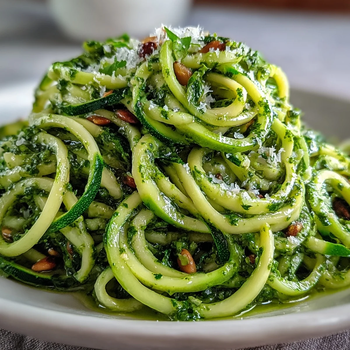 Fresh zucchini noodles with vibrant basil pesto and a sprinkle of Parmesan cheese.