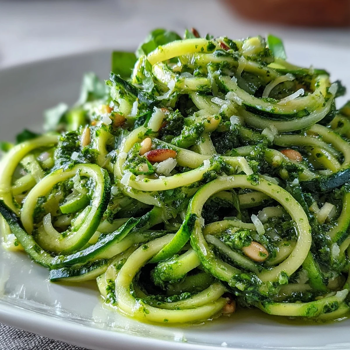Low-carb zucchini noodles with pesto, ready to serve with fragrant basil.