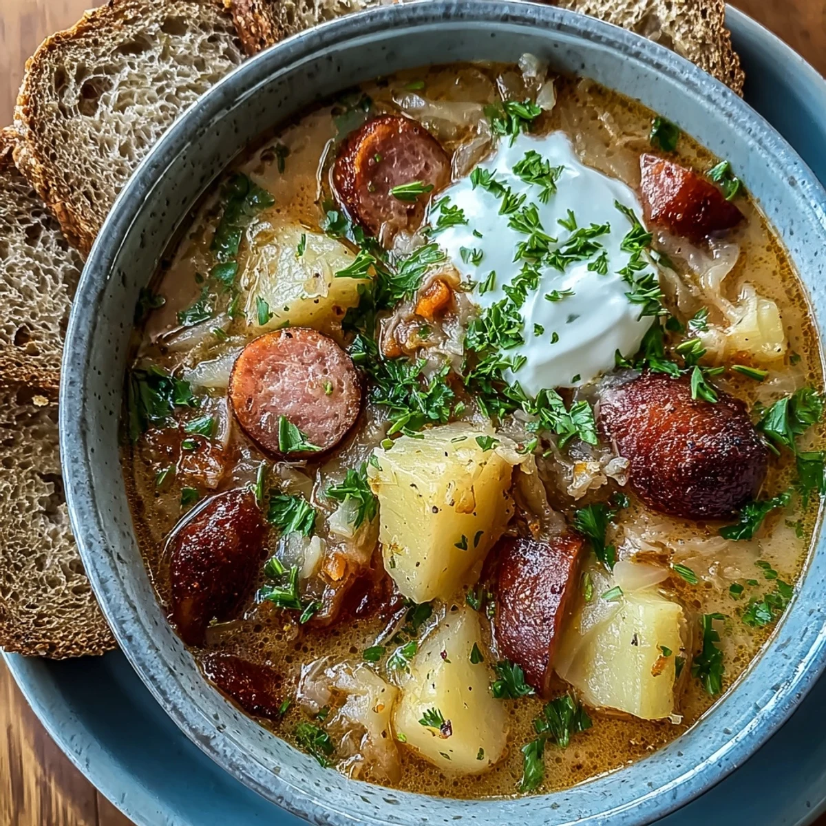 Hearty Sauerkraut Soup simmering in a pot, with tender potatoes, carrots, and caraway seeds melding in a golden broth.