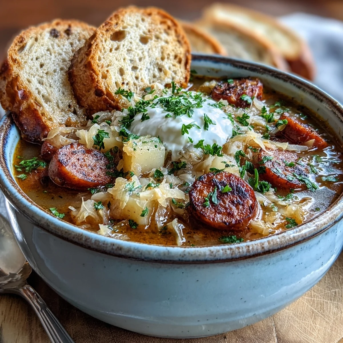 Top-down view of Sauerkraut Soup in a rustic bowl, garnished with fresh parsley and a dollop of sour cream.