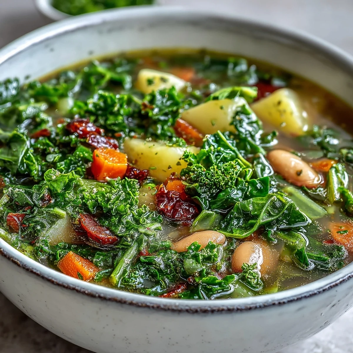 Hearty kale soup simmering in a pot, filled with tender root vegetables and creamy cannellini beans in a savory broth.
