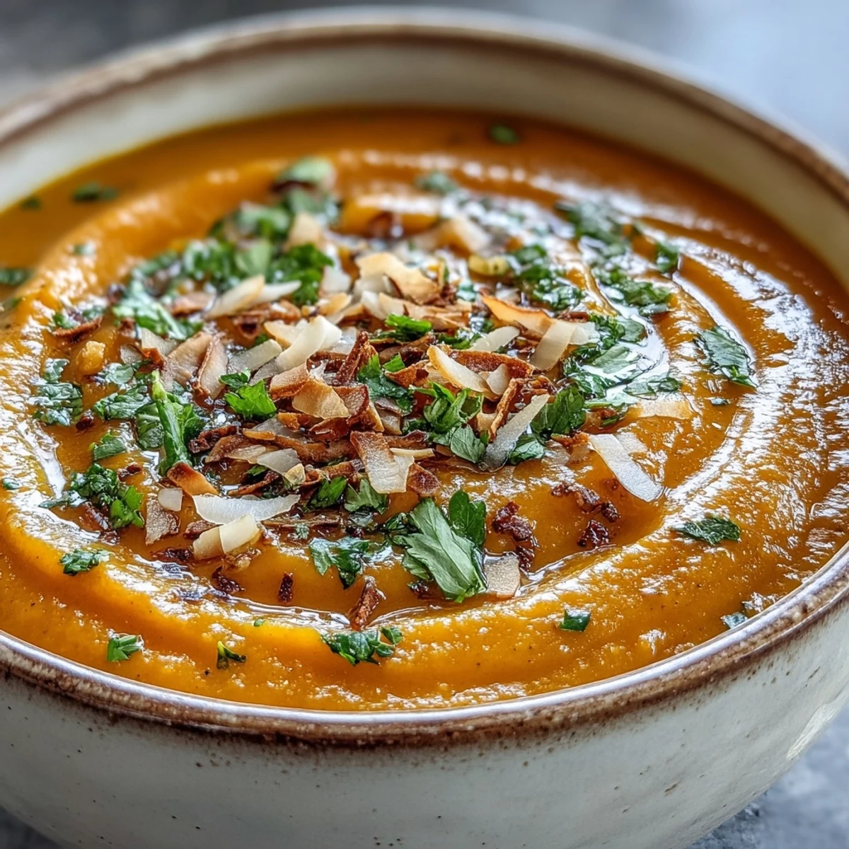Vibrant Carrot and Coconut Soup served with crusty bread, garnished with chili flakes and fresh herbs for dipping.
