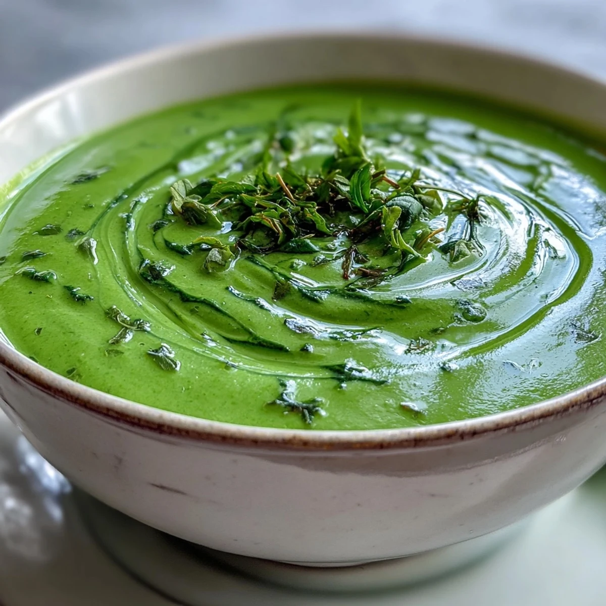 Creamy spinach soup in a white bowl garnished with a swirl of cream, served with crusty bread on the side.