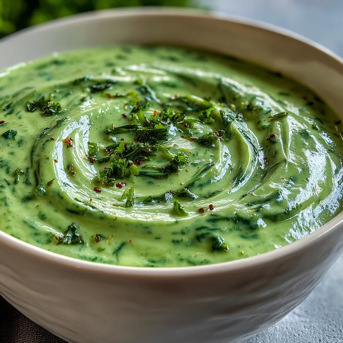 Homemade velvety spinach soup topped with fresh black pepper, sitting on a rustic wooden table in warm lighting.