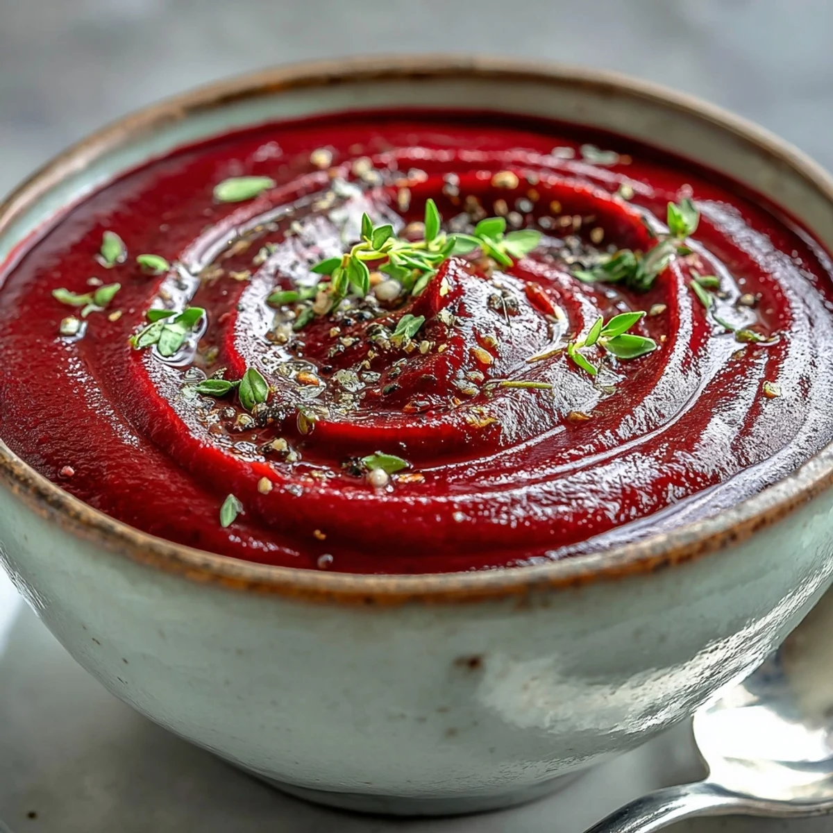 Creamy roasted beet soup with fresh thyme, served hot in a rustic bowl.