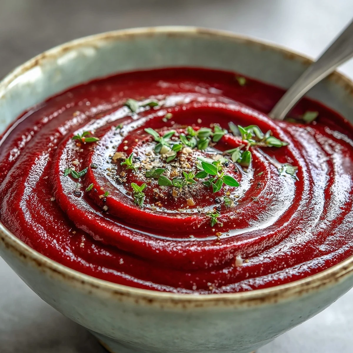 Velvety roasted beet soup garnished with thyme and a cream swirl for a comforting meal.