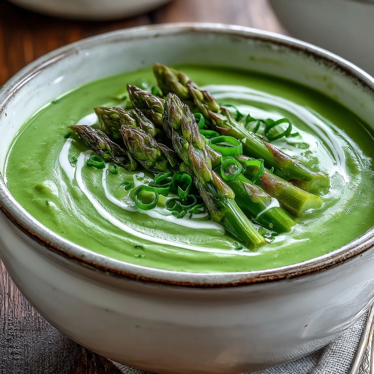 Creamy homemade Asparagus Soup garnished with fresh chives and tender tips, served in a rustic white bowl.