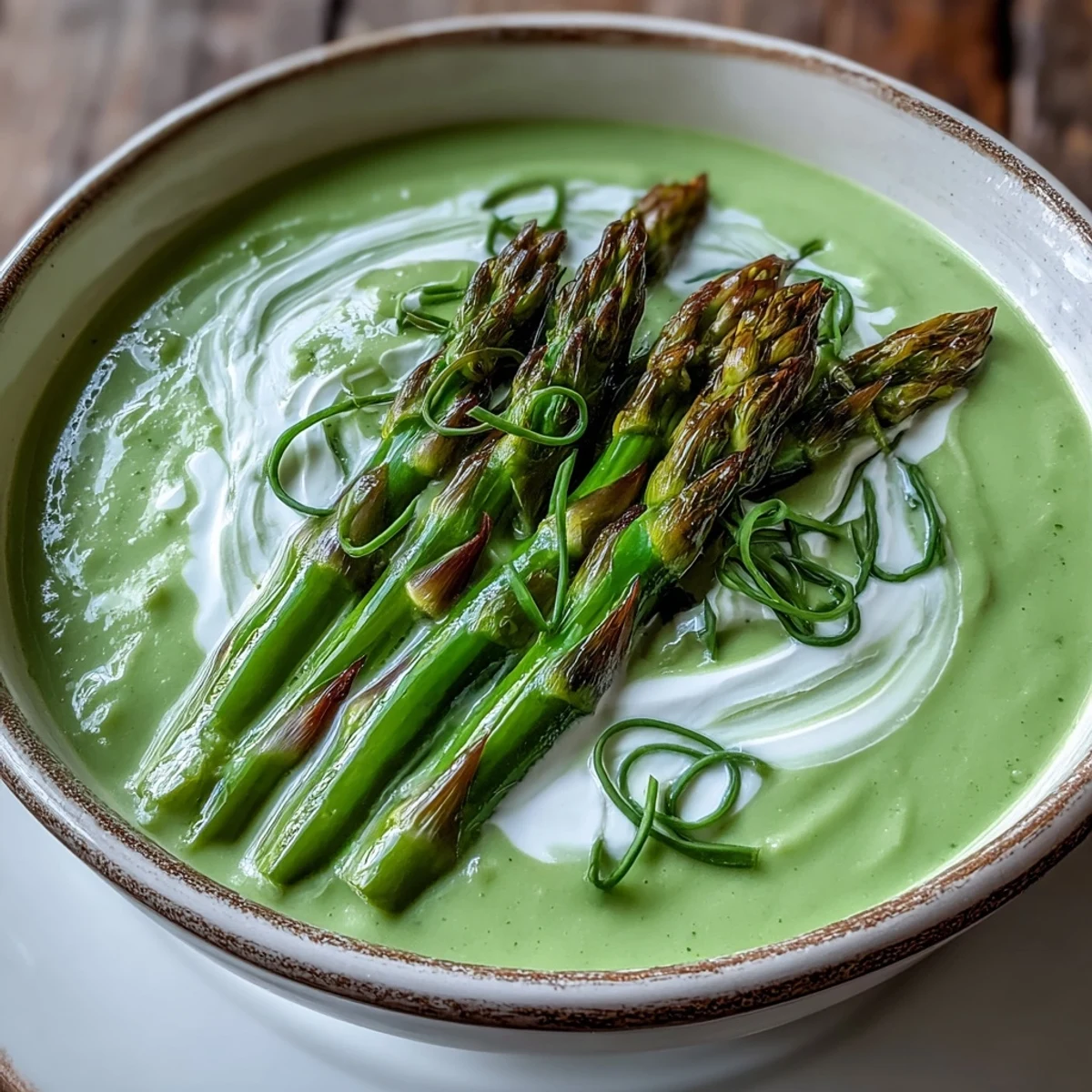 Bright green Asparagus Soup with a silky cream swirl, ideal for a light spring lunch or starter.