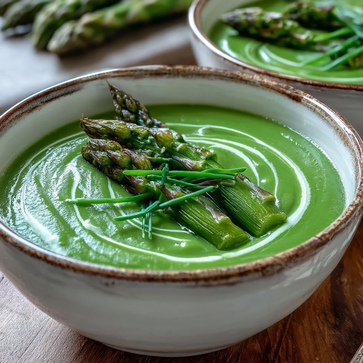 Vibrant Asparagus Soup topped with blanched tips and chives, ready to serve with crusty bread and wine.