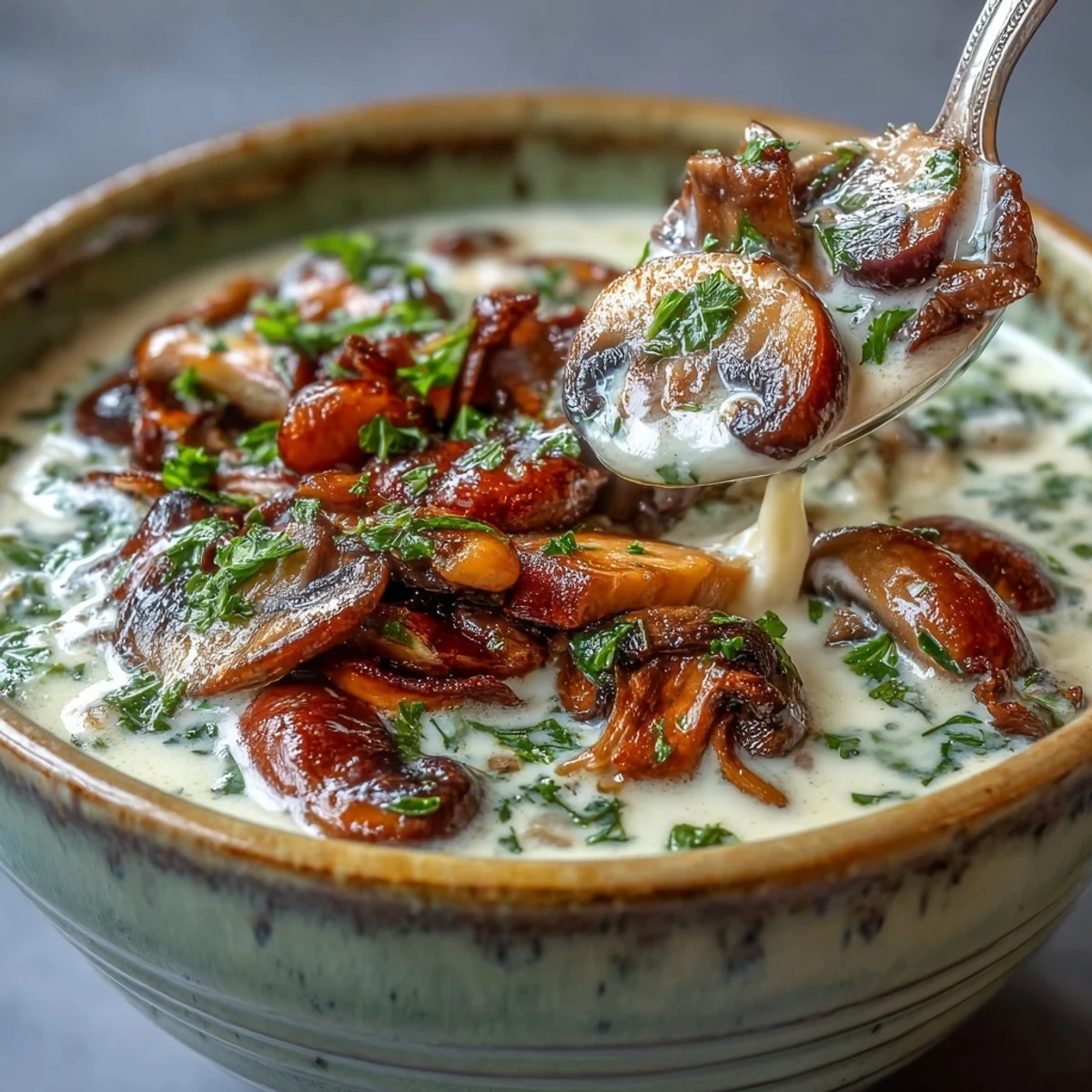 Creamy homemade mushroom soup garnished with parsley in a rustic bowl.