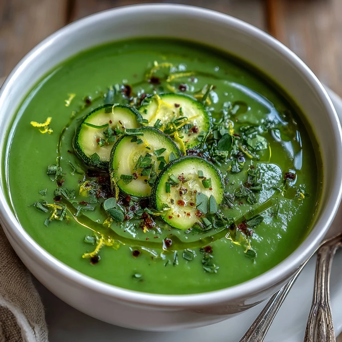 A bowl of creamy Zucchini Soup garnished with fresh herbs and a lemon zest swirl, served warm.