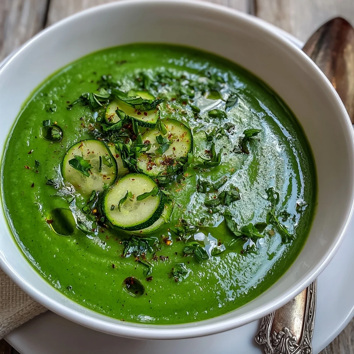 Smooth and silky Zucchini Soup topped with olive oil and fresh thyme, ready to serve.