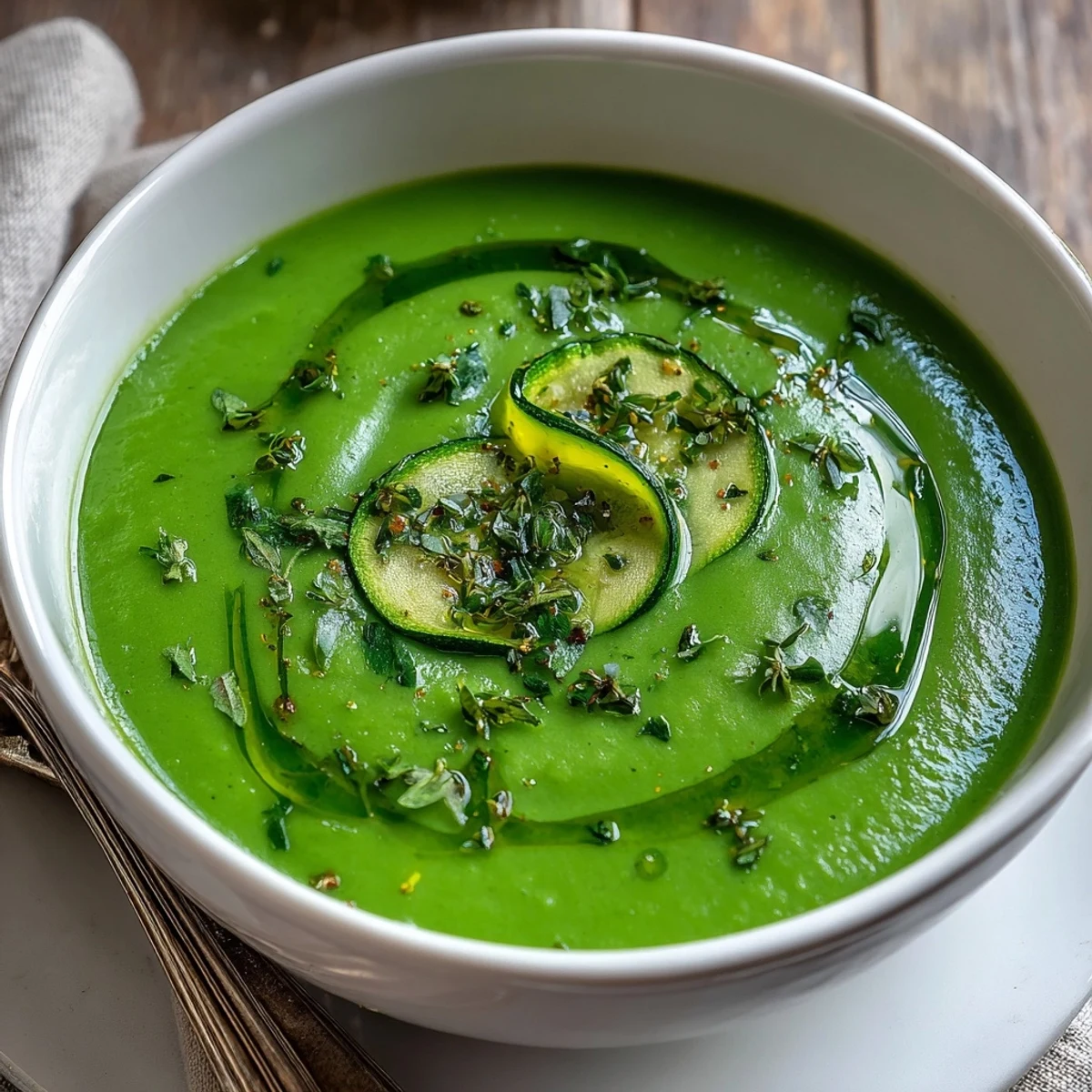 Vibrant green Zucchini Soup in a rustic white bowl, garnished with chopped parsley and basil.