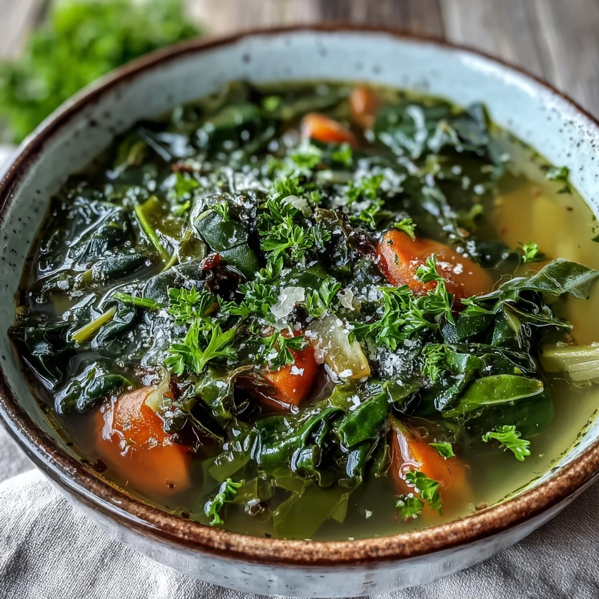 Homemade Swiss Chard Soup simmering in a pot, featuring tender greens, carrots, and celery in a savory vegetable broth.