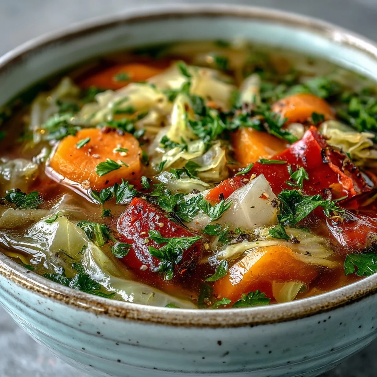 Steaming bowl of comforting Cabbage Soup with tender carrots and celery in a rich broth.