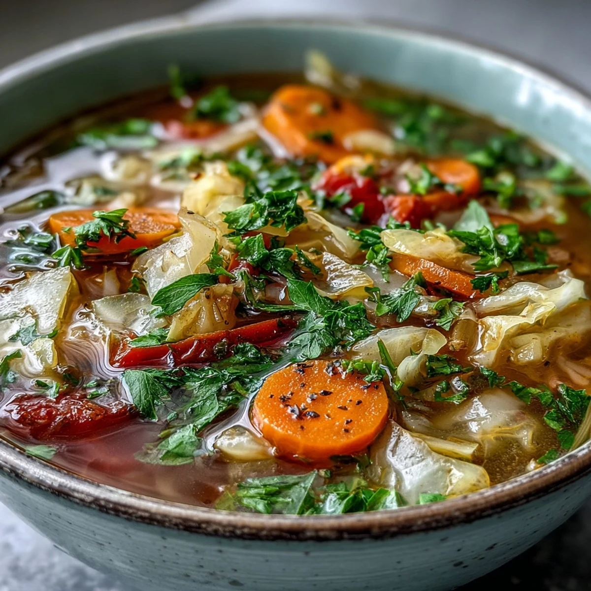 Hearty vegan Cabbage Soup served hot in a rustic mug with fresh parsley garnish.