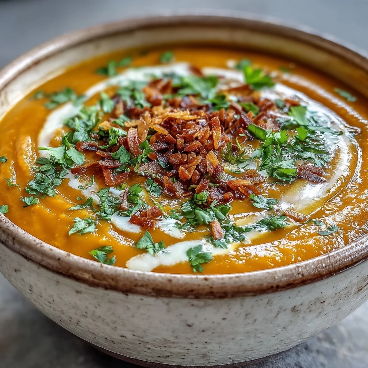 Golden Carrot and Coconut Soup in a white bowl, topped with fresh cilantro and toasted coconut flakes, steaming warmly.