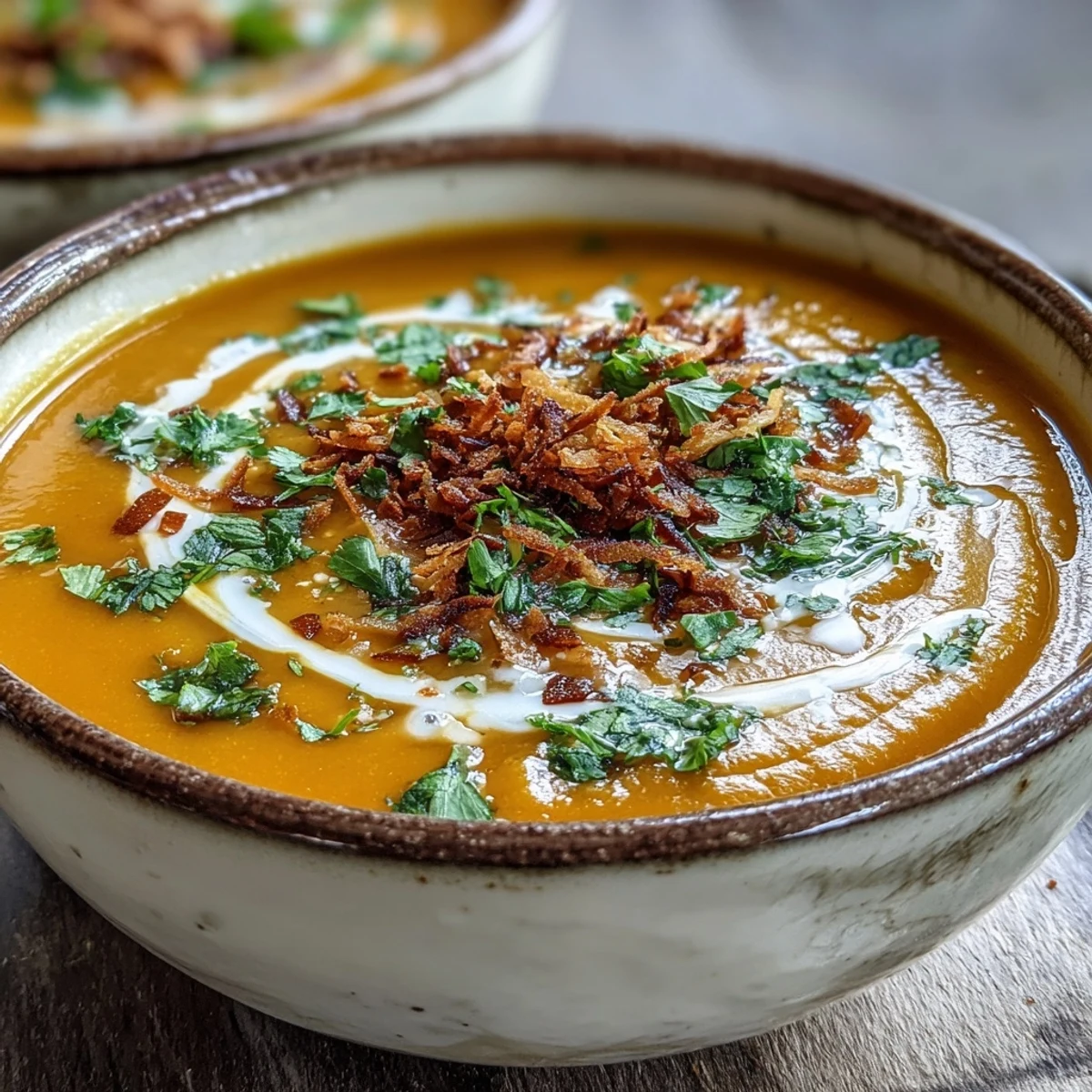 A bowl of creamy Carrot and Coconut Soup, swirled with coconut milk and a lime wedge on the side.