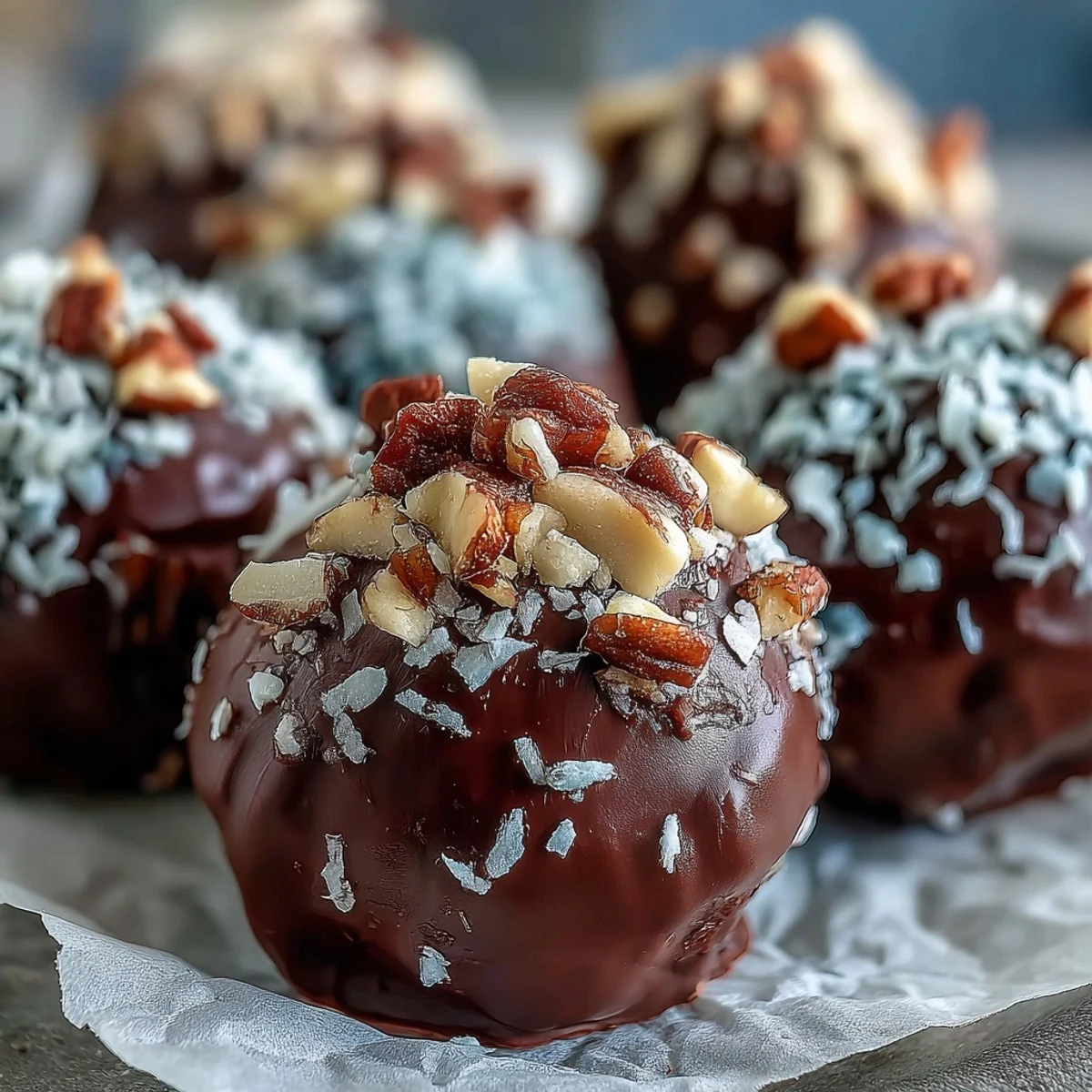 Rich, glossy chocolate truffles dusted with cocoa powder, lined up neatly for easy serving.