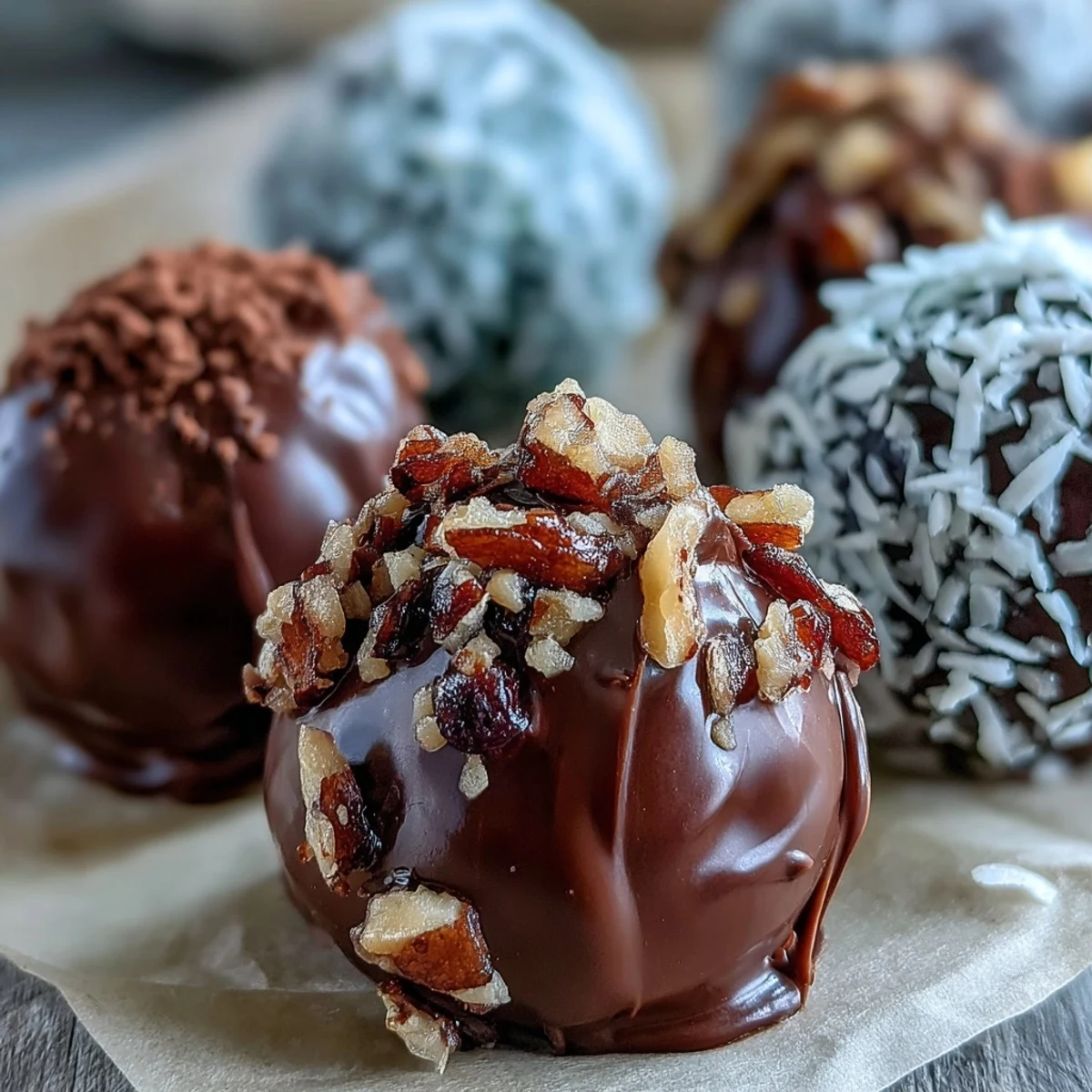 Freshly rolled chocolate truffles coated in chopped nuts, resting on parchment with a rustic look.