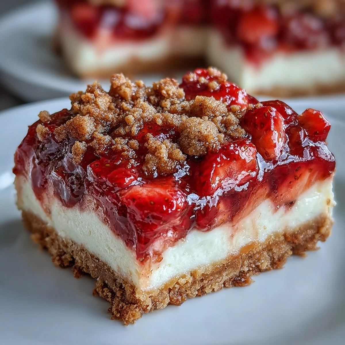 Freshly baked Strawberry Cheesecake Bars with a golden cinnamon streusel topping on a marble board.