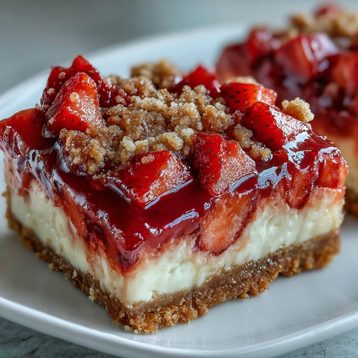 Decadent Strawberry Cheesecake Bars with a crumbly streusel topping, sliced and ready to serve on a wooden board.