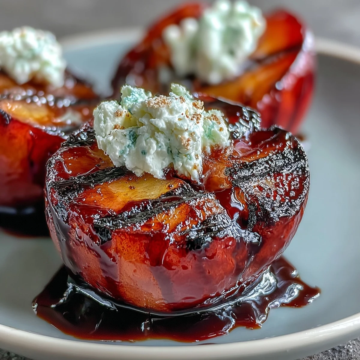 Grilled plum halves topped with creamy goat cheese and a drizzle of balsamic glaze, garnished with fresh mint on a serving platter.
