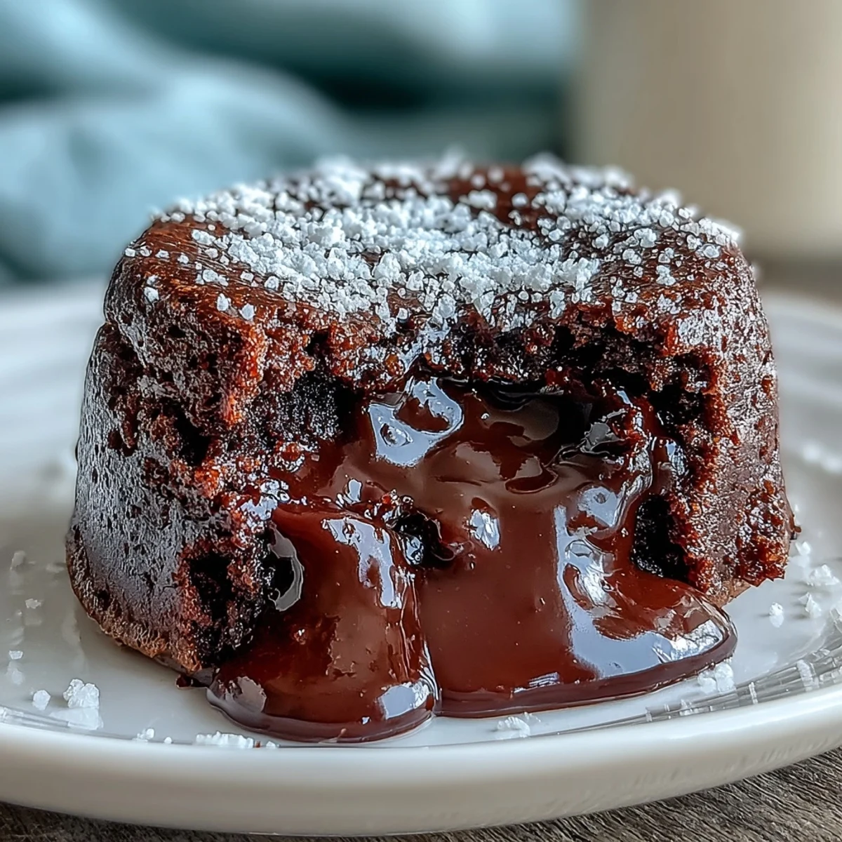 Golden-brown Chocolate Lava Cakes with Espresso release a stream of molten chocolate from their cracked tops, served warm on a white plate.