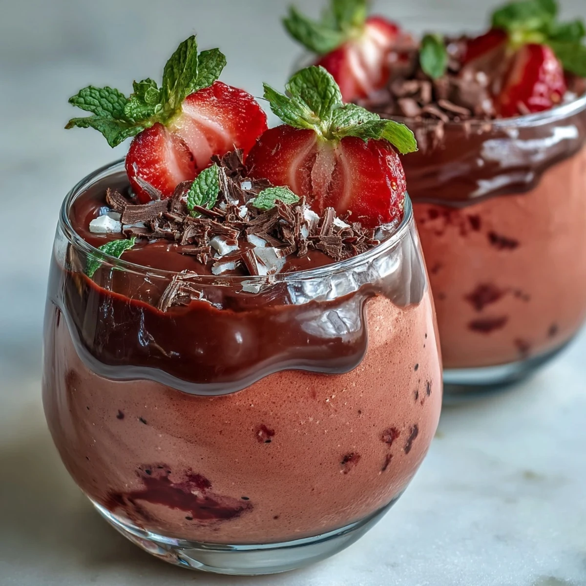 In clear glassware, layered Chocolate-Covered Strawberry Mousse shows pink mousse and glossy dark chocolate ganache.