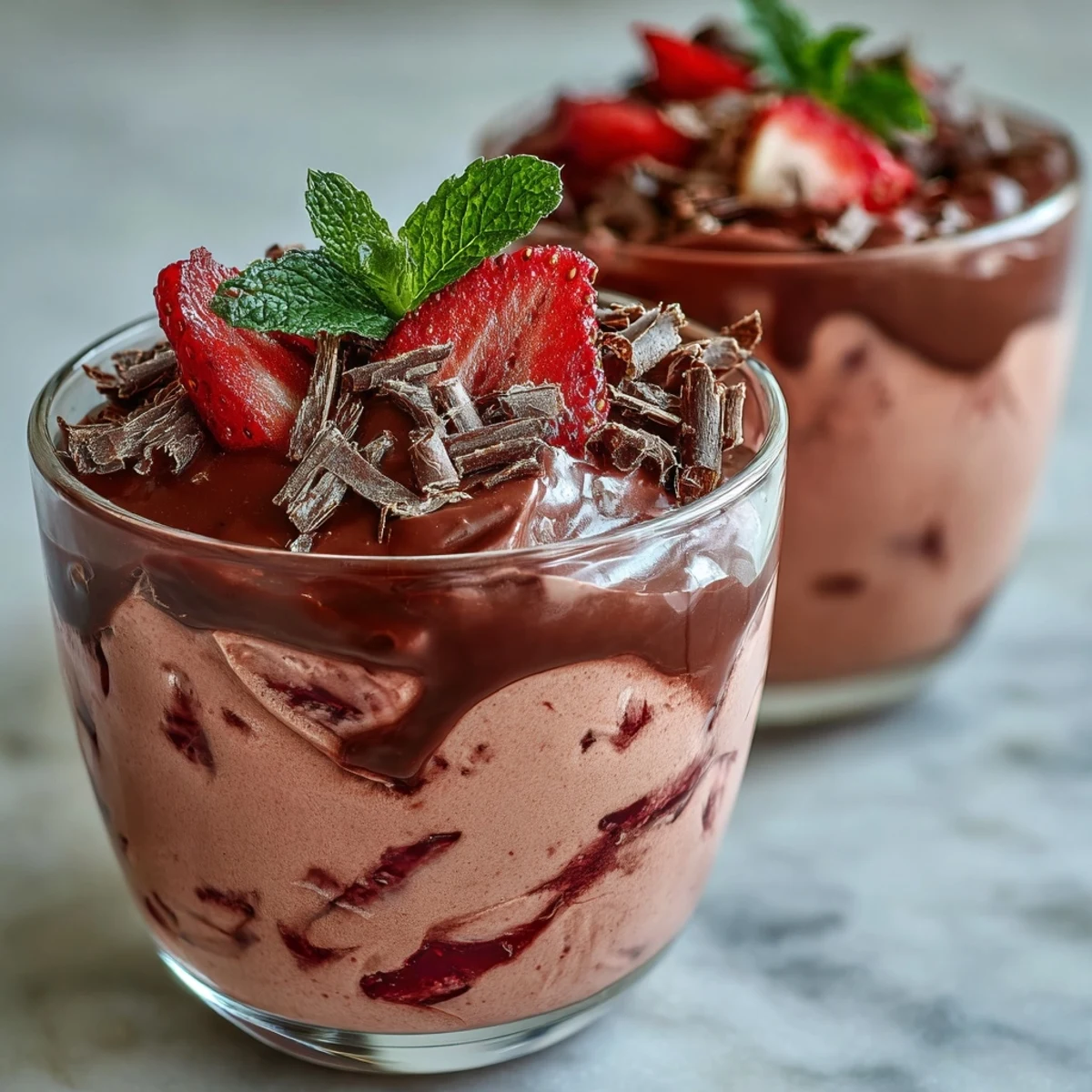 Perfect for date night, Chocolate-Covered Strawberry Mousse is garnished with shaved chocolate and fresh strawberries.