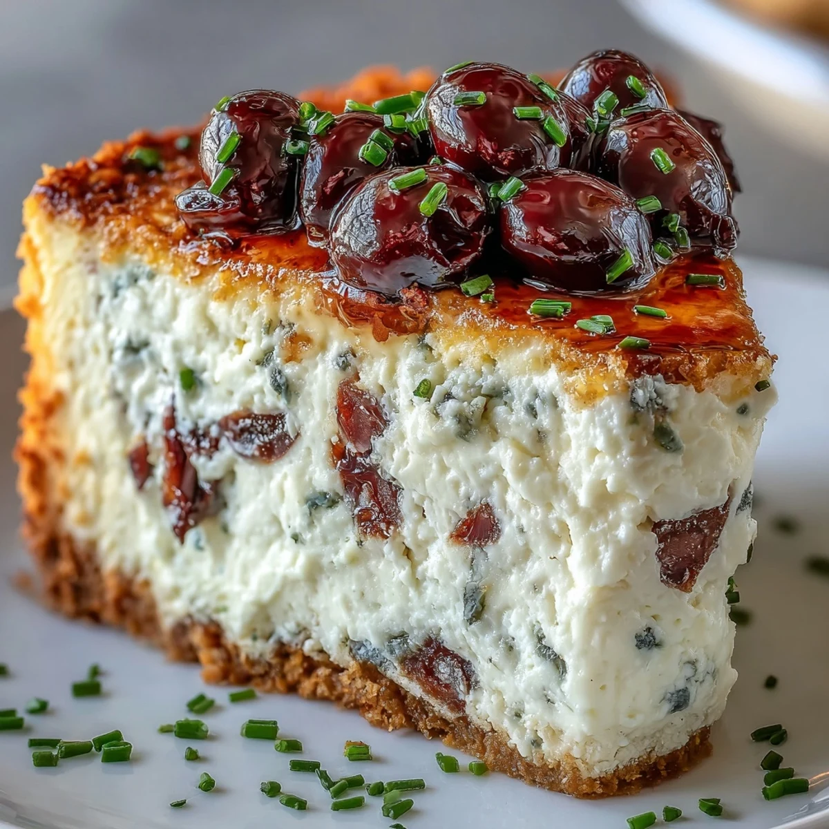 A plated slice of Kalamata Cheesecake Appetizer, topped with sliced olives and fresh parsley, ready to serve.