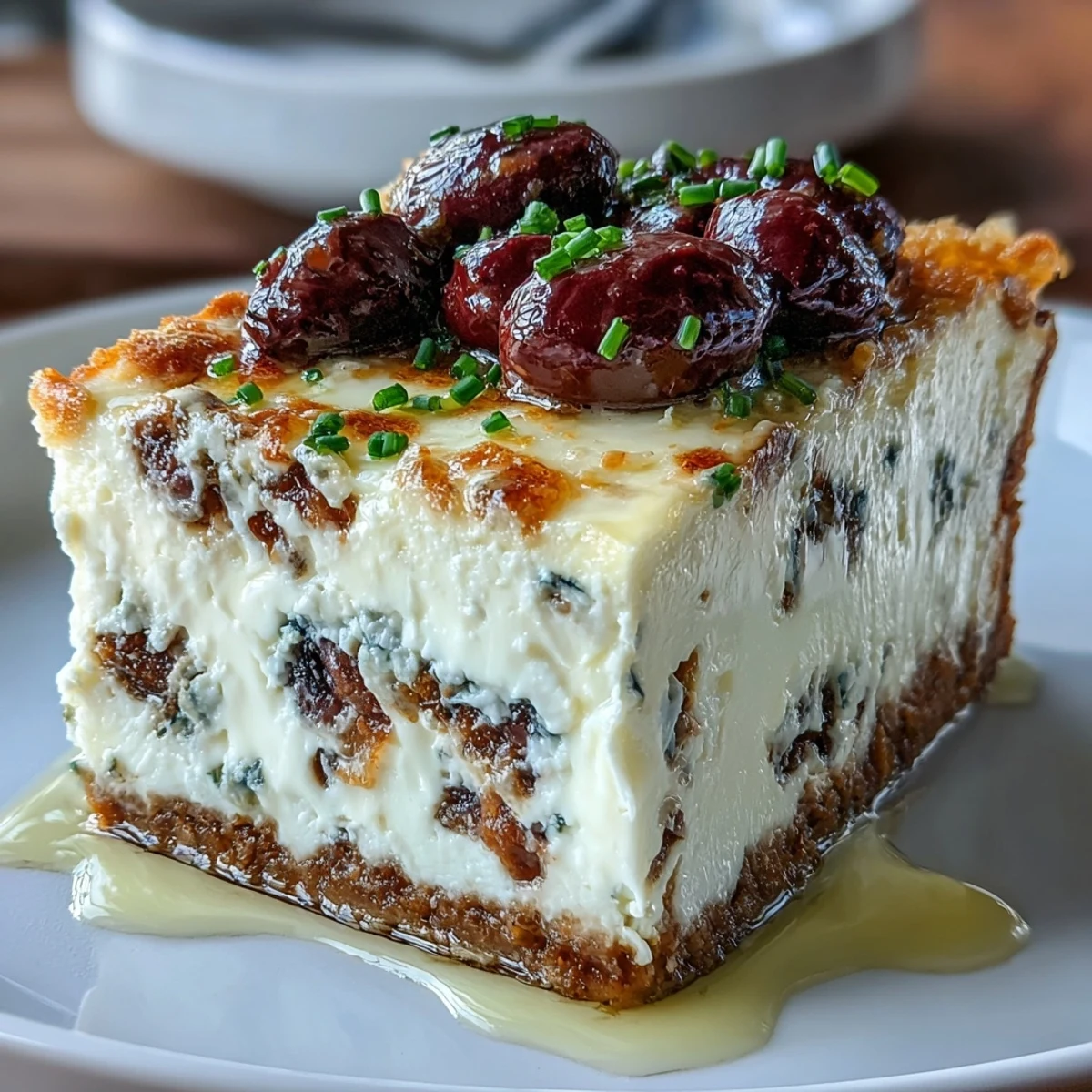 A smooth wedge of Kalamata Cheesecake Appetizer drizzled with olive oil, paired with crackers for a savory snack.