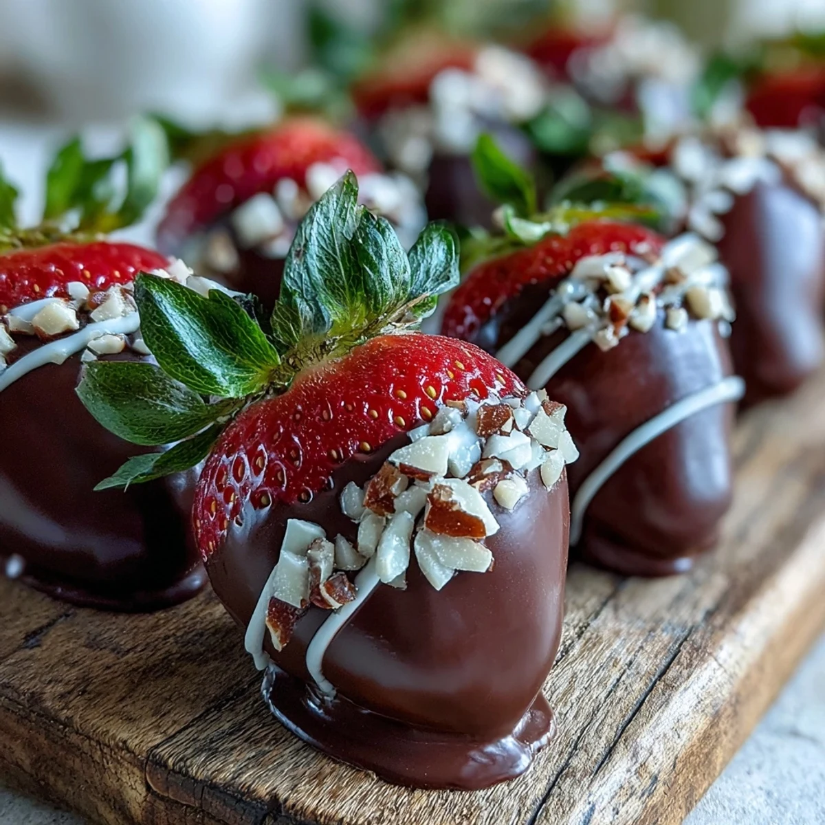 Dipped chocolate strawberries with a white chocolate drizzle set on a parchment-lined tray in the fridge.