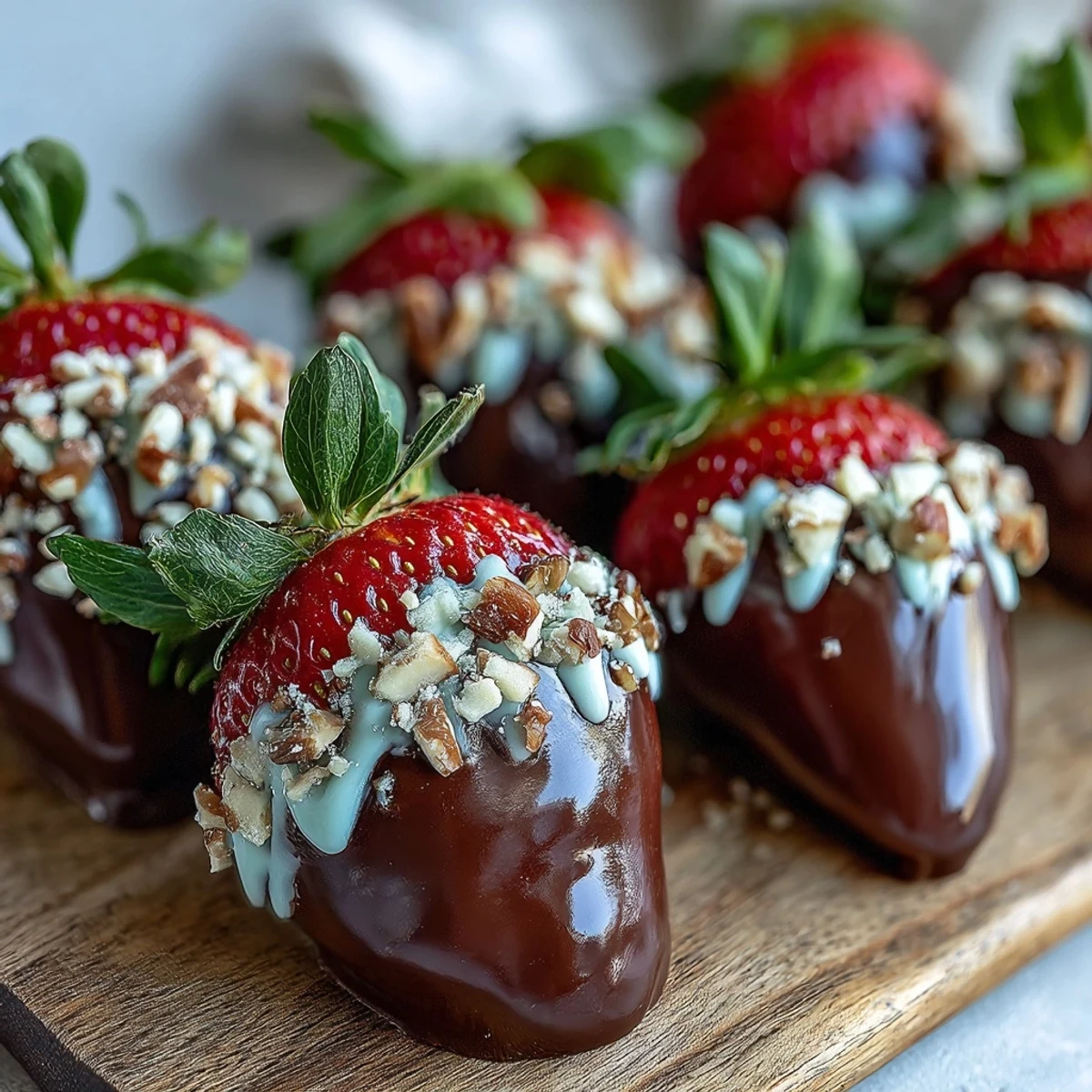 Fresh, ripe strawberries coated in glossy dark chocolate with a drizzle of white chocolate on a baking tray.