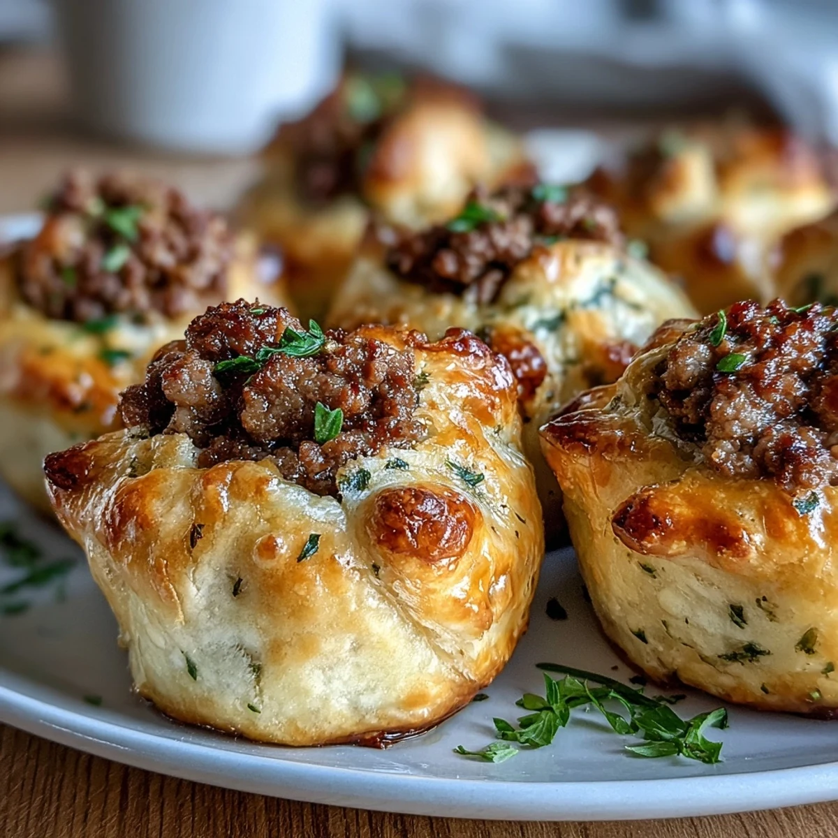 Golden-brown Mini Beef Tourtières with flaky pastry show steam escaping from small vents on a baking sheet.