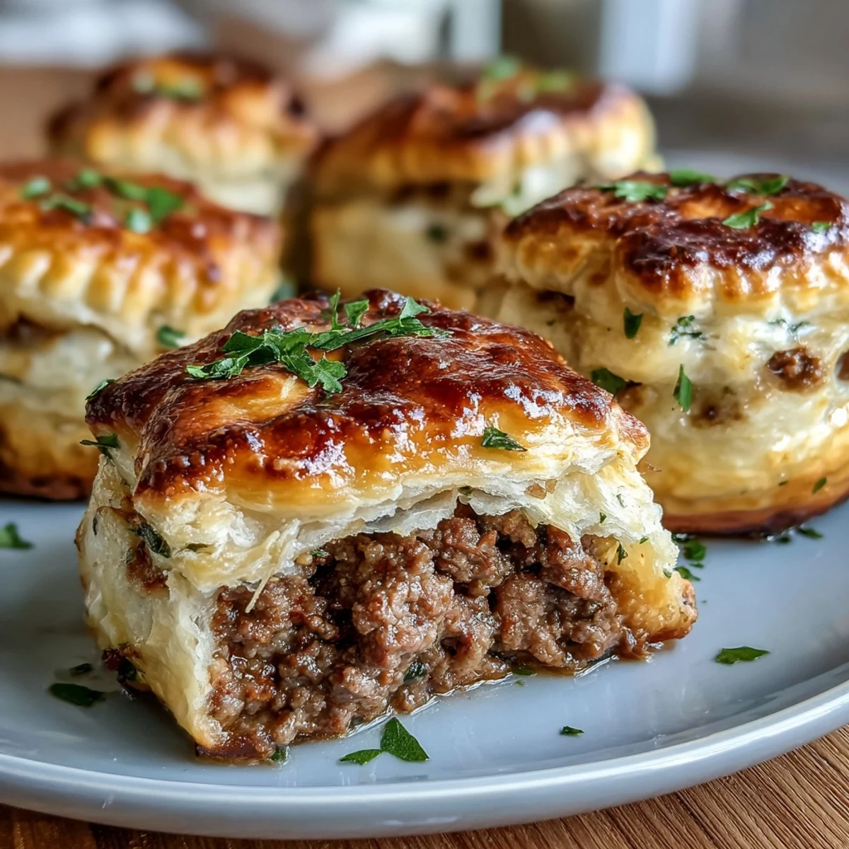 Freshly baked Mini Beef Tourtières dusted with flour on a baking sheet, ready for festive appetizer serving.