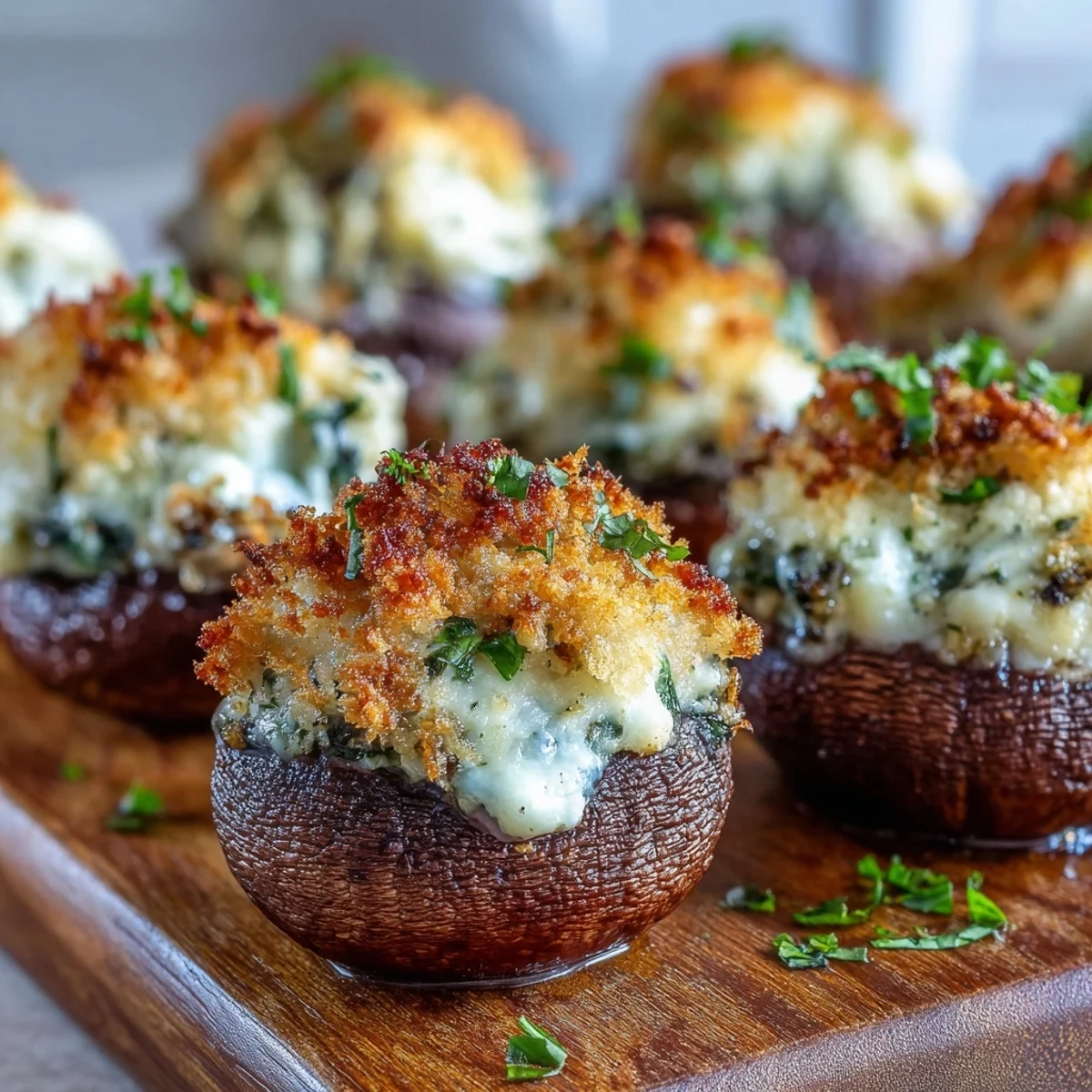 Golden-brown Stuffed Asiago-Basil Mushrooms fresh from the oven, overflowing with creamy cheese and herbs. 
