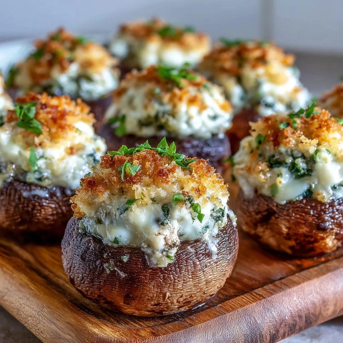 Close-up of Stuffed Asiago-Basil Mushrooms showing melted cheese, herbs, and golden breadcrumb topping.
