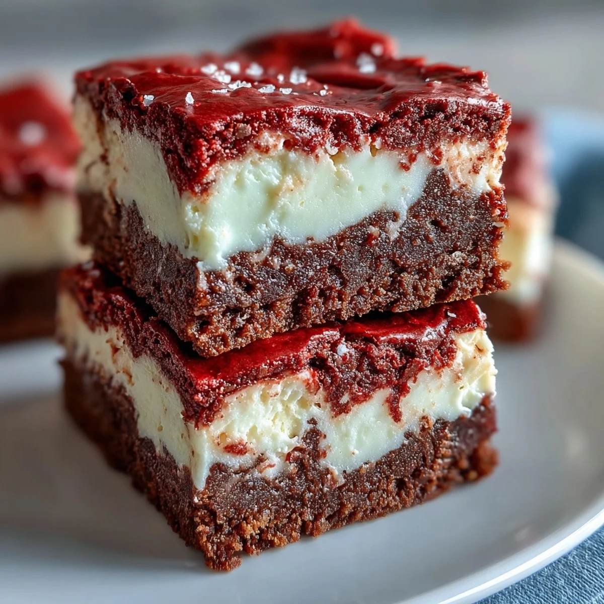 Close-up of fudgy Red Velvet Cheesecake Brownies with vibrant red swirls and creamy white cheesecake layers.
