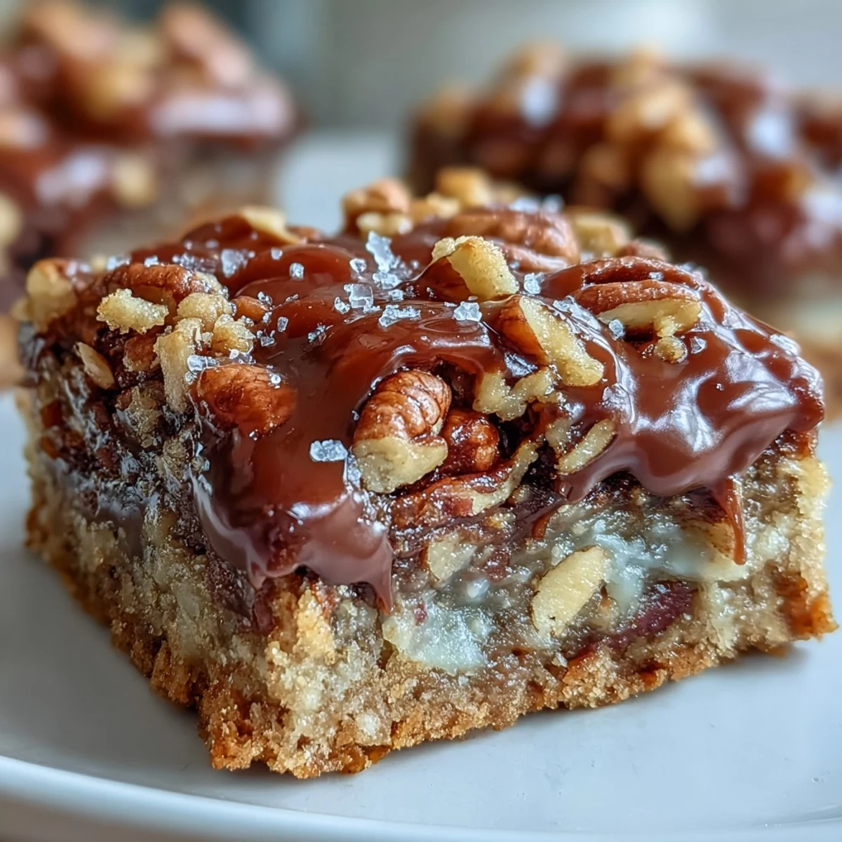 Decadent Sweet and Chewy Turtle Bars with Chocolate and Caramel feature gooey caramel and toasted pecans on a golden baked crumb.