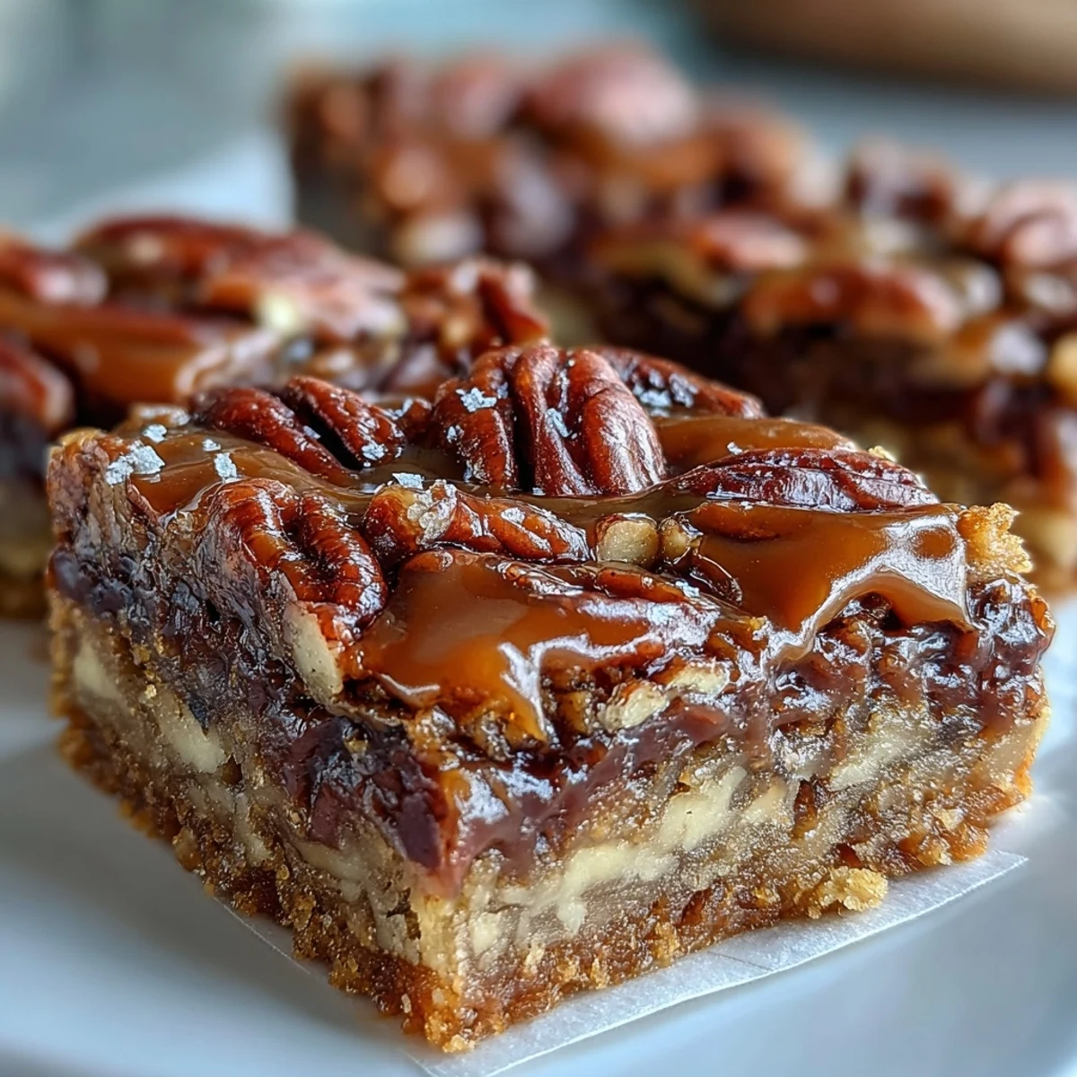 A white plate holds square Decadent Sweet and Chewy Turtle Bars with Chocolate and Caramel next to a glass of cold milk.