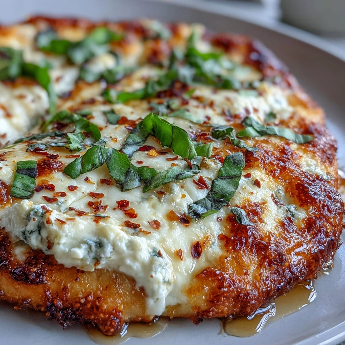 Freshly baked Hot Honey Ricotta Pizza with golden, fluffy crust, creamy ricotta, bubbly mozzarella, and vibrant basil leaves. 