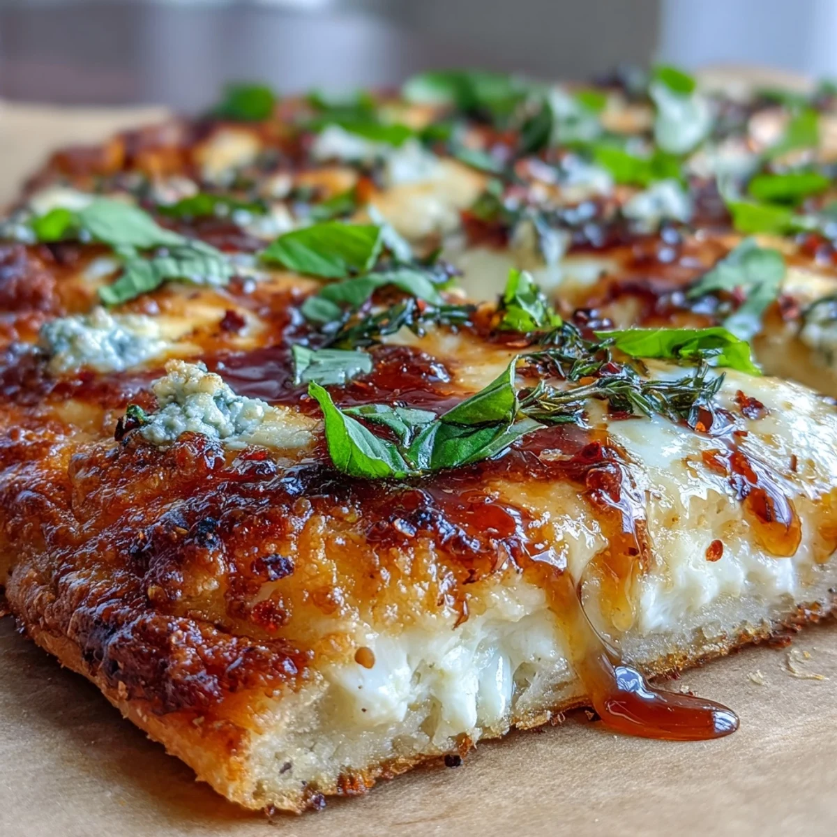 A close-up of Hot Honey Ricotta Pizza drizzled with warm, spicy honey, finished with fresh basil for a sweet and savory bite. 