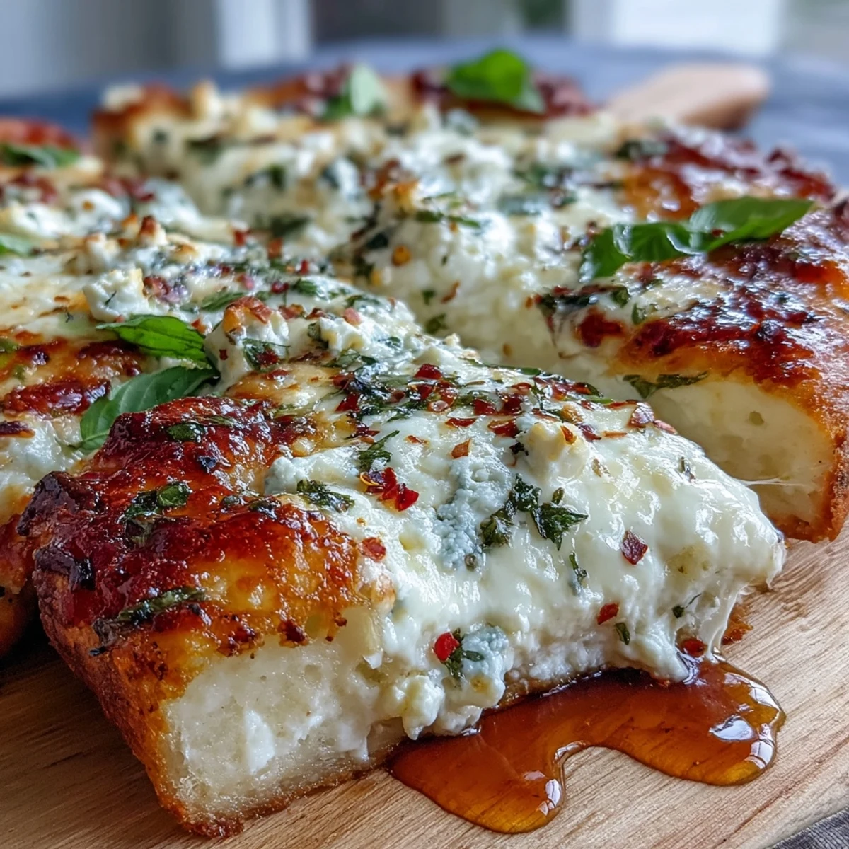 Hot Honey Ricotta Pizza sliced on a wooden board, showcasing melted cheese, golden edges, and a drizzle of red pepper-infused honey.