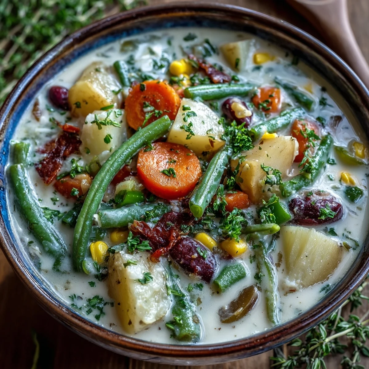 Creamy Amish Snow Day Soup with tender vegetables, fragrant thyme, and fresh parsley garnish.
