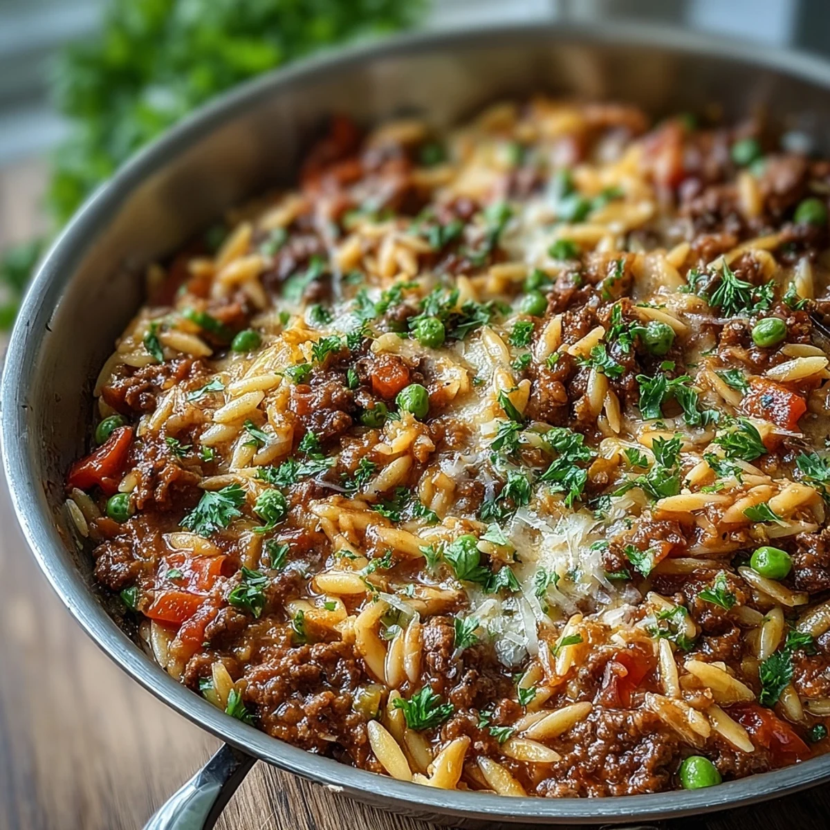 Bubbling Comforting Ground Beef Orzo Dinner skillet with melted Parmesan, fresh parsley, and diced bell peppers.