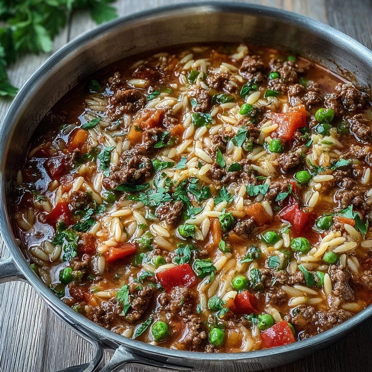 A hearty serving of Comforting Ground Beef Orzo Dinner, garnished with herbs and ready for weeknight family dinners.
