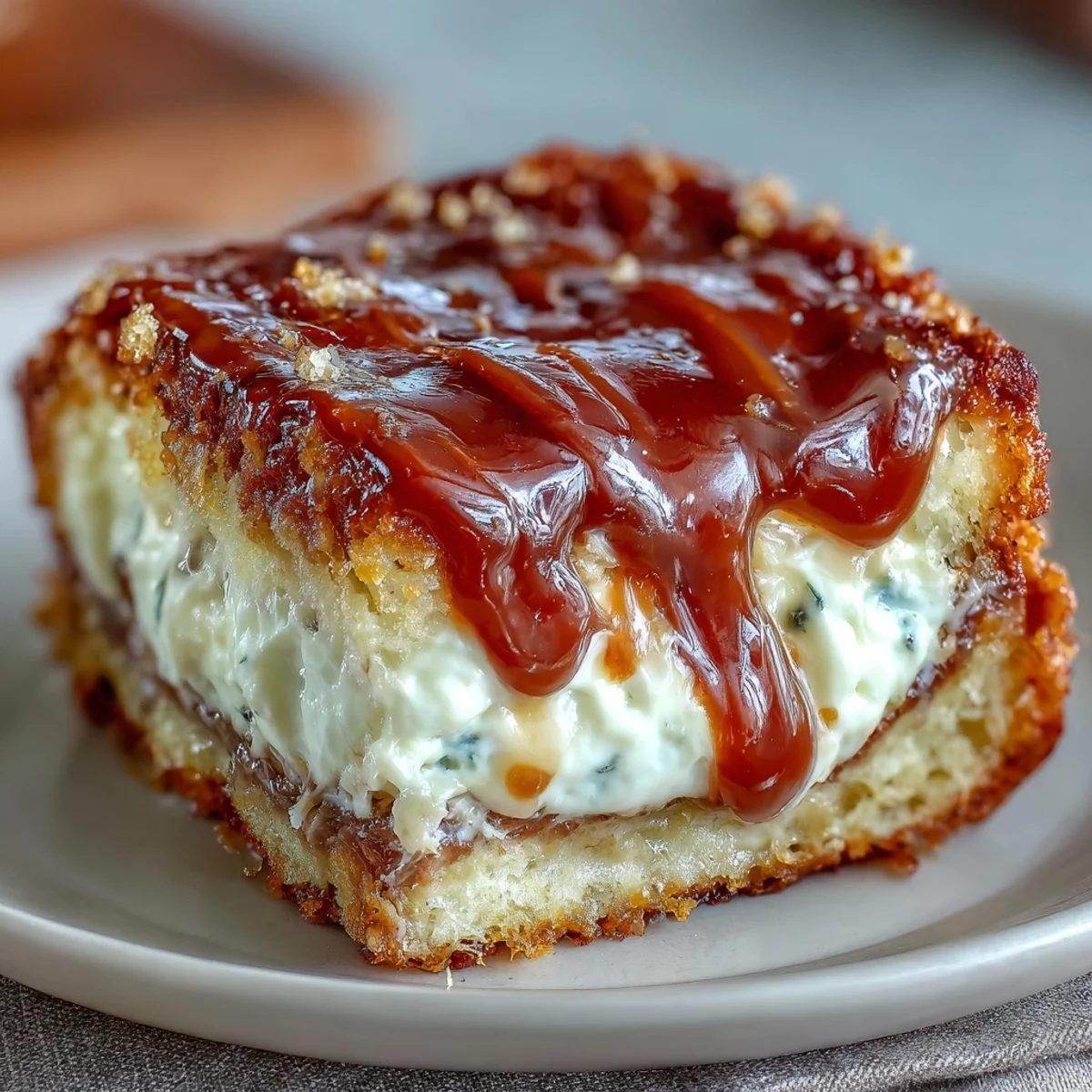 Freshly baked Caramel Cream Cheese Bread on a wooden board, showcasing a thick slice with visible caramel swirls and creamy filling.