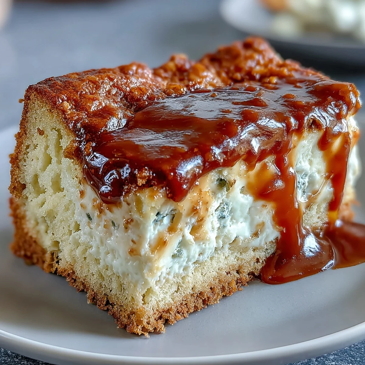 A close-up of a slice of Caramel Cream Cheese Bread on a plate, revealing a moist crumb and a decadent cheesecake-like center.